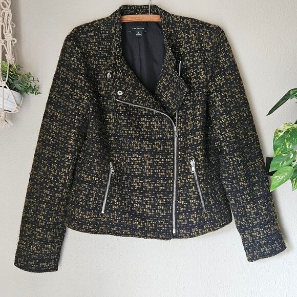 Tweed Moto Jacket Ann Taylor Green & Black Size 10 Business Casual Biker Style - Picture 8 of 10